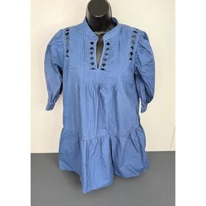 Moodie Women's Laser Cut Pleated Short Puff Sleeve Tunic Top Blue Size Large